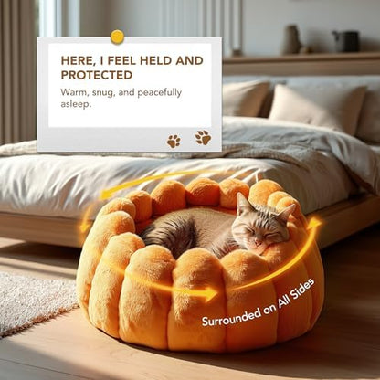 PETNOVO Pumpkin Cat Bed, Plush Donut Cuddler with High Bolster, Non-Slip