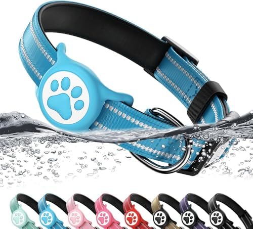 Premium Airtag Dog Collar，with IP68 Waterproof AirTag Holder,Blue,XL