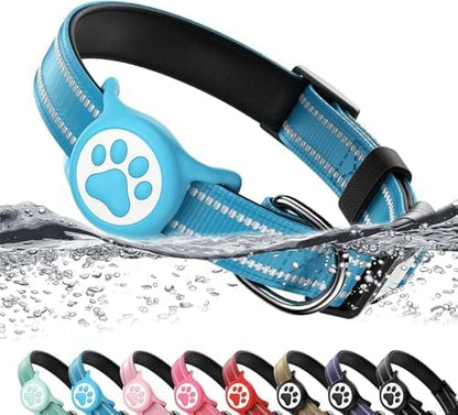 Premium Airtag Dog Collar，with IP68 Waterproof AirTag Holder,Blue,XL
