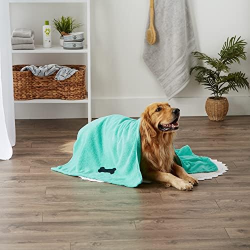 Bone Dry Pet Grooming Towel Collection Absorbent Microfiber X-Large, 41x23.5", Embroidered Green