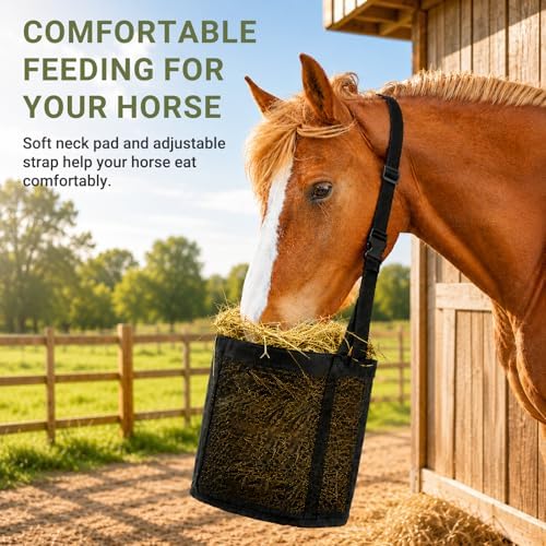 Horse Feed Bag, Mesh Feed Bags for Horses, Muzzle Feedbag for Feeding Grain, Anti-Spill Design Feeder, Soft Neck Pad, 1Pcs