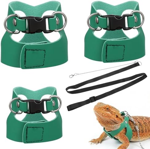 3 Pack Bearded Dragon Leash and Harness Set 3 Size Adjustable Lizard Harness Bearded Dragon Outfits for Reptile Small Animals Training Walking, Easy to Put on and Take Off (Green)