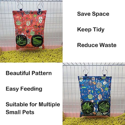 Rabbit Hay Feeder Bag, Guinea Pig Hay Feeder for Cage Small Animal Hanging Feeding Bags Rabbit Hay Dispenser Storage for Rabbits Guinea Pigs Bunnies Chinchillas (Red,Dark Blue, 2 Hole)