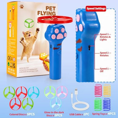 BABORUI Cat Toy Disc Launcher, Rechargeable Interactive Cat Fetch Toy Launcher with 8 Flying Discs, Flying Enrichment Toys for Indoor Bored Kittens & Adult Cats (Blue)