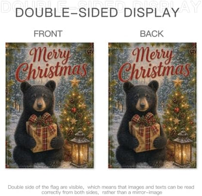 Christmas Black Bear House Flag 28x40 Inch Merry Holiday Cub Gift Tree Lantern Snowy Forest Rustic Farmhouse Outdoor Yard Lawn Porch Double Sided Banner Winter Welcome Decor