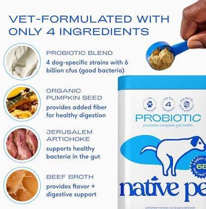Native Pet Probiotics for Dogs – Dog Probiotic Powder for Gut & Digestive Health, Vet-Formulated 6B CFUs Dog-Specific Probiotic Strains, Supports Stool Quality & Diet Transitions – 120 Scoops