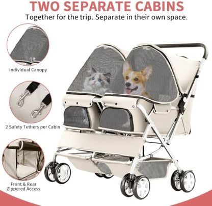 Double Pet Stroller for 2 Dogs & Cats, Side-by-Side, Gray