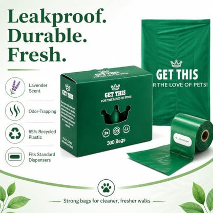 GET THIS Dog Poop Bag - 300 Dog Waste Bags, Lavender Scented, Leakproof & Odor-Trapping, Durable Waste Bags – 20 Rolls (15 Pet Poop Bagі Per Roll), 13x9" Environment-friendly Potty Bags