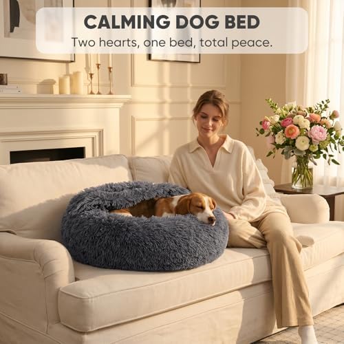 Himax Covered Medium Dog Bed with Blanket Attached Calming Burrow Deep Grey