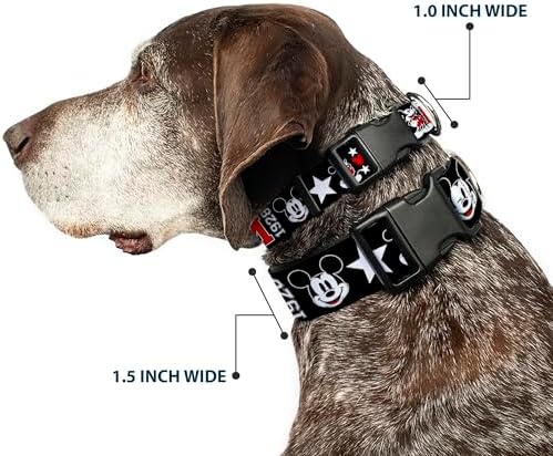 Buckle-Down Plastic Clip Collar - Classic Mickey Mouse 1928 Collage Black/White/Red - 1/2" Wide - Fits 8-12" Neck - Medium