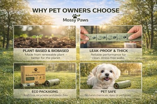 MossyPaws Biobased Dog Poop Bags – 240 Count (16 Rolls) – Plant-Based, Leak-Proof, Durable – Eco-Friendly Pet Waste Bags with Recyclable Packaging – 9x13 Inch – Fits All Dispensers
