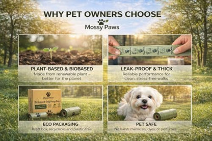 MossyPaws Biobased Dog Poop Bags – 240 Count (16 Rolls) – Plant-Based, Leak-Proof, Durable – Eco-Friendly Pet Waste Bags with Recyclable Packaging – 9x13 Inch – Fits All Dispensers