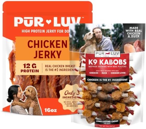 Pur Luv Dog Jerky Treats, 16oz + Chicken and Duck K9 Kabob Treats, 12oz, Healthy, Easily Digestible, Long-Lasting, High Protein Dog Treats, Satisfies Dog's Urge to Chew