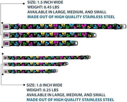 Buckle-Down Seatbelt Buckle Dog Collar - Mickey Mouse Expressions Scattered Black/Multi Neon - 1" Wide - Fits 11-17" Neck - Medium