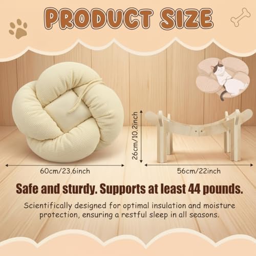 22x22x13 Inch Elevated Flower Cat Bed Wooden with Fluffy Cushion, Pet Couch Sofa for Indoor Cats, Raised Kitty Lounge Chair Suitable for Puppy, Cat Furniture Living Room Bedroom