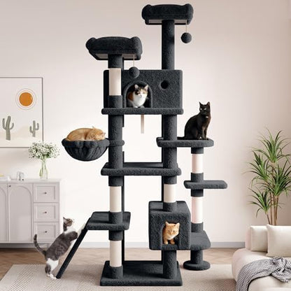SHA CERLIN 82 inch, Multi-Level Cat Tree Tower for Indoor Cats, Cat Condo with Sisal Scratching Posts, Plush Perches, Hammocks, Toy Balls, Dark Grey