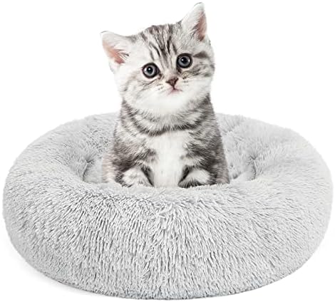 MIXJOY Calming Cat Beds for Indoor Cats, 20'' Kitten Donut Bed for Pet Up to 15lbs, Fluffy Small Cat Cuddler Bed, Anti-Anxiety Plush Faux Fur Large Cat Bed Washable (20'', Grey)
