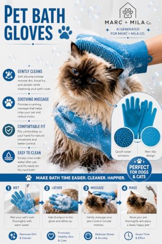 6-Piece Dog and Cat Grooming Kit - Self Cleaning Slicker Brush, Deshedding Brush, Bath Brush with Soap Dispenser, Grooming Bath Gloves, Microfiber Towel and Storage Pouch (Blue)