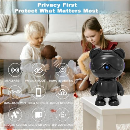 3K Indoor Camera Robot, Black Bear Baby Monitor & Pet Camera for Home