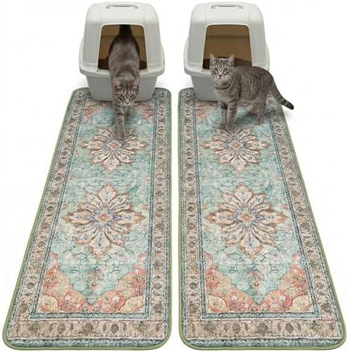 Hompet Cat Litter Mat 2 Pack, 20x60 Large Machine Washable Trapping Mats for Cats, Super Absorbent & Urine-Proof Cat Litter Box Mat for Floor, Waterproof & Non Slip Kitty Litter Rug