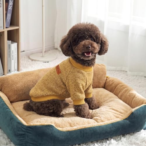 2 Pack Dog Sweaters for Small Dogs Girl Boy Winter Fleece Clothes Warm Soft Dog Sweatshirt Outfit for Dogs Cats Pet Apparel (Brown+Yellow, L (Back: 15.7",Chest: 19.6",14-18Ibs))