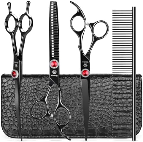 GLADOG 7 Inch Professional Dog Grooming Scissors Kit, 5-in-1 Titanium Coated Pet Grooming Shears Set, Heavy Duty Grooming Scissors for Dogs (Pro Black)