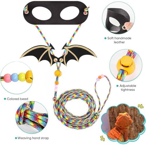 4 Pack Bearded Dragon Harness and Leash Set – Adjustable Soft Leather & Nylon Vest with 6.89–62 Inch Lead, Escape-Proof Lizard Walking Harness for Reptiles, Squirrels & Small Pets (Black Wing)