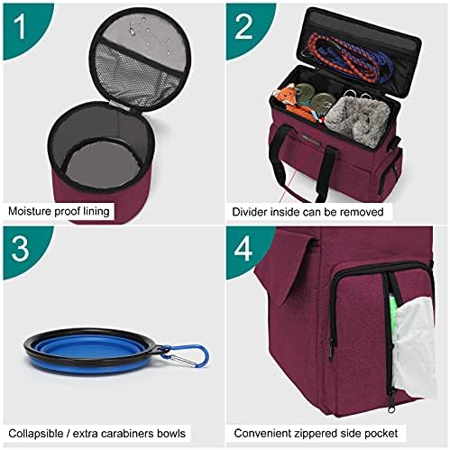 Modoker Weekend Dog Travel Bag with 2 Food Bags, 2 Bowls and Mat,Rose Red