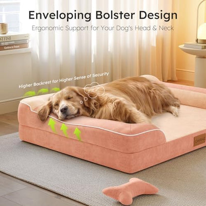 CWAWZ Dog Beds for Large Dogs, Orthopedic Dog Bed with Cooling Gel Memory Foam, Waterproof Large Pet Bed with Removable Washable Cover, 36" Pet Sofa Couch Dutch Velvet with Bone Toy, Peach Pink