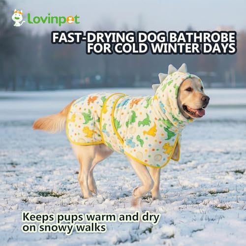LovinPet 3-in-1 Dog Warm Winter Coat & Bathrobe, Yellow Dinosaur, 2XL