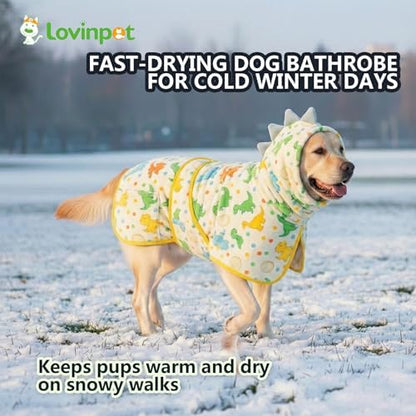 LovinPet 3-in-1 Dog Warm Winter Coat & Bathrobe, Yellow Dinosaur, 2XL