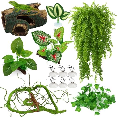 13 PCS Reptile Reptile Eco Bottle Decoration Set - vines, eco bottle plants, hanging greenery, leaf feeders, lizards, geckos, bearded dragons Landscape drawn hideout logs and habitat accessories