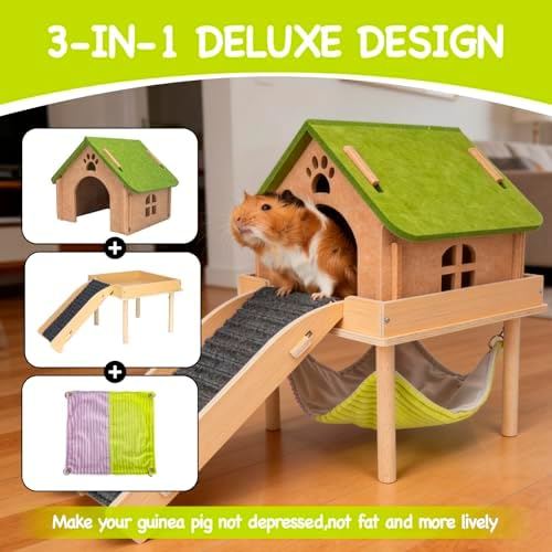 BESNEW 3 in 1 Enlarged Guinea Pig Hammock,Wooden Guinea Pig Hideout with House & Platform & Stairs Small Animal Toys for Hiding Sleeping Activities