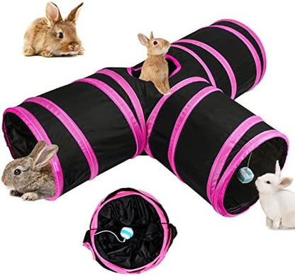 BWOGUE Bunny Tunnels & Tubes, 3-Way Collapsible Rabbit Hideout for Bunnies