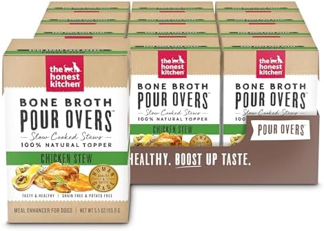 The Honest Kitchen Bone Broth Pour Overs Chicken Stew Dog Food Topper, Human Grade Wet Meal Enhancer with Bone Broth & Chicken, Adds Flavor & Hydration to Kibble for Picky Eaters, 12 Pack 5.5 oz