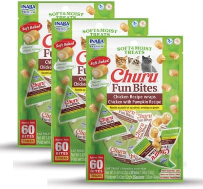 INABA Churu Fun Bites for Cats, Soft & Chewy Baked Chicken Wrapped Filled Cat Treats with Taurine, 0.42 Ounces Each Tetra, 9 Tetras (3 per Bag), Chicken with Pumpkin Recipe
