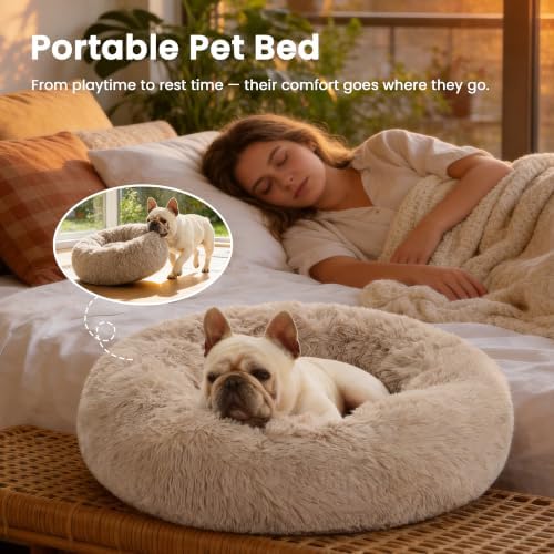 Love's cabin Calming Cat Bed for Indoor Cats, Anti-Anxiety Donut Round Dog Bed,Fluffy Faux Fur Washable Pet Bed for Small Medium Dogs and Cats, Taupe, 24in