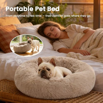 Love's cabin Calming Cat Bed for Indoor Cats, Anti-Anxiety Donut Round Dog Bed,Fluffy Faux Fur Washable Pet Bed for Small Medium Dogs and Cats, Taupe, 24in