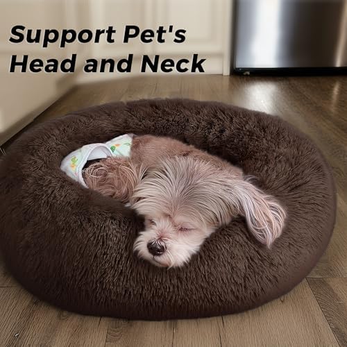 Calming Round Dog Bed & Cat Bed with Anti-Slip Bottom, Medium Size Washable Anti-Anxiety Donut Dog Beds for Small Dogs & Cats, Fluffy Plush Soft Dog Bed(24 Inch, Dark Brown)