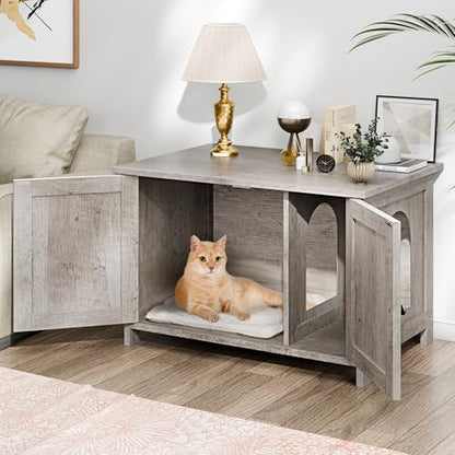 Shintenchi Cat Litter Box Enclosure, Litter Box Furniture Cabinet Hidden with Removable Divider, Wooden Cat House with End Table, Ash Oak Grey, 30.5 inch