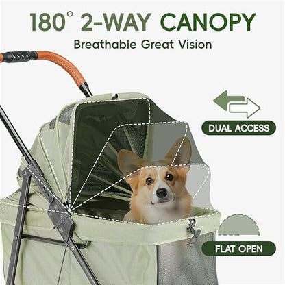 Foldable Pet Stroller Small Dogs Cats Up to 70 lb All-Terrain, Green