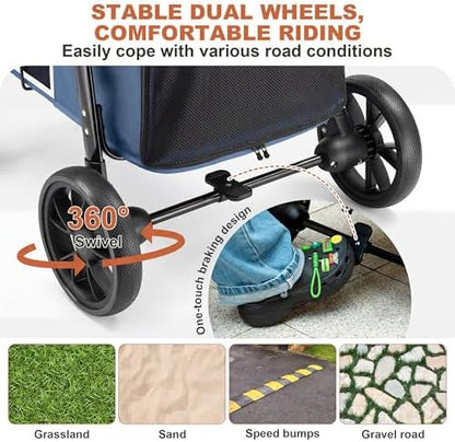 Medium Dog Stroller, Dual Entry One-Touch Folding,Small and Medium Pet Stroller,360° Rotating Front Wheels,70 lbs Weight Capacity for Outdoor Travel and Elderly Dogs - Blue