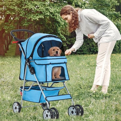 FDW | 4-Wheel Foldable Pet Stroller | Blue | Lightweight & Portable