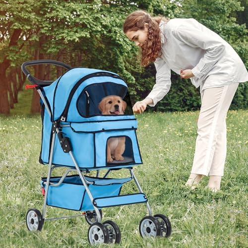 FDW | 4-Wheel Foldable Pet Stroller | Blue | Lightweight & Portable