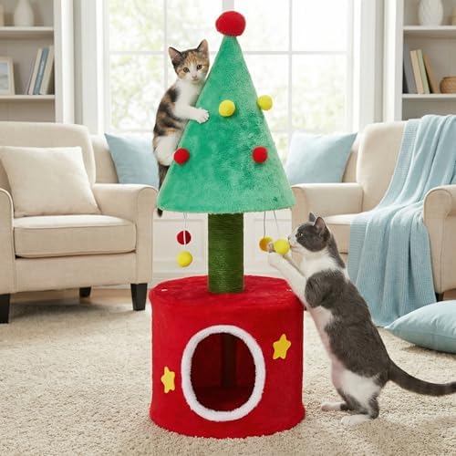 32" Cat Tree Tower for Indoor Cats, Small Cat Tree with Sisal Scratching Posts, Plush Cat Bed, and Climbing Tower for Kittens and Adult Cats, Green & Red