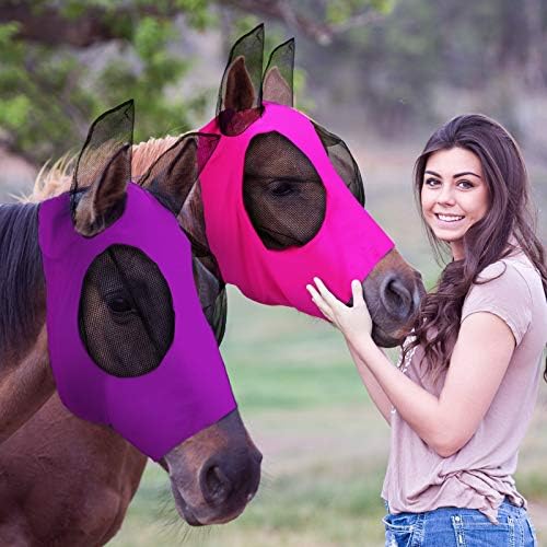 Weewooday 2 Pcs Horse Fly Mask with Ears, Soft Stretchy Horses Face Masks for Flies, Breathable Mesh Eye Cover, UV Protection Horse Masks for Pasture, Barn, Turnout(M,Purple, Pink)