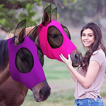 Weewooday 2 Pcs Horse Fly Mask with Ears, Soft Stretchy Horses Face Masks for Flies, Breathable Mesh Eye Cover, UV Protection Horse Masks for Pasture, Barn, Turnout(L,Purple, Pink)