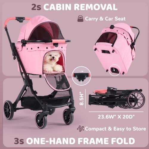 Dog Stroller for Small to Medium Dogs with Detachable Carrier, Pink