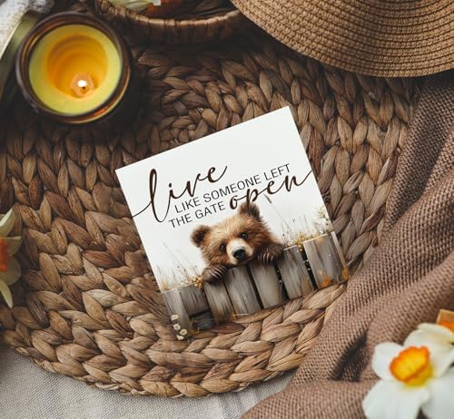 Rustic Bear Sign - Live Like Someone Left The Gate Open Wooden Box Signs, Bear Decorations For Home, Farmhouse Wood Decoration Home Decor For Desk Table Shelf 5x5 Inch