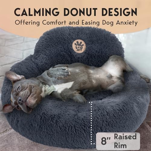 PetJett Small Dog Bed - 23'' Round Dog Beds, Calming Puppy Bed - Washable Dog Bed - Anti-Slip, Super Soft Fluffy Plush Faux Fur Pet Bed, Anti-Anxiety Premium Comfort Donut Bed, Fits Dogs Upto 25 lbs